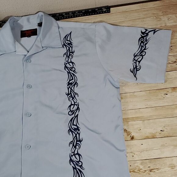 Tribal Design D Clothing Light Blue Embroidered Bowling Lounge Shirt‎ Size Large - Picture 3 of 9